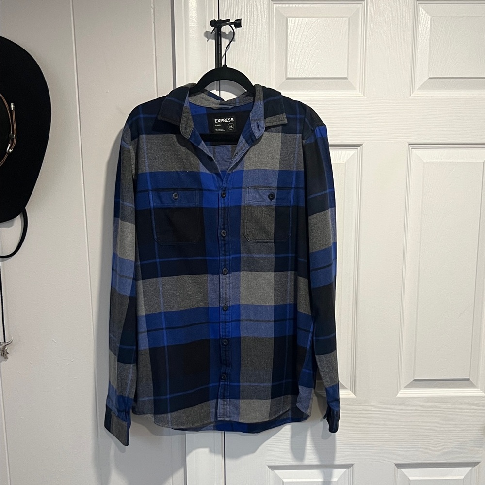 Express Blue and Gray Plaid Men's Shirt Large Tall
